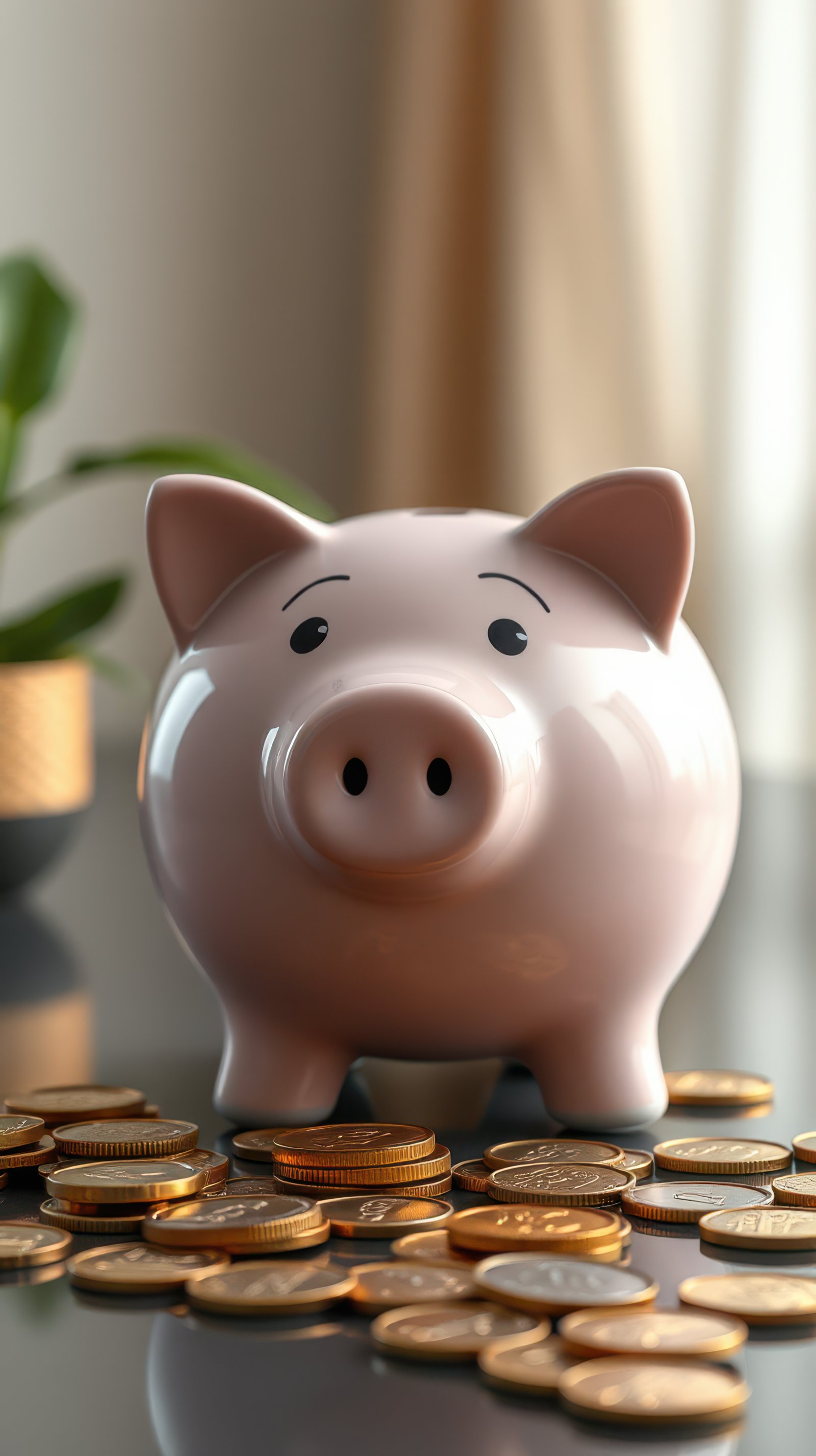 Piggy bank filled with coins on a table with plant decoration in a cozy indoor setting